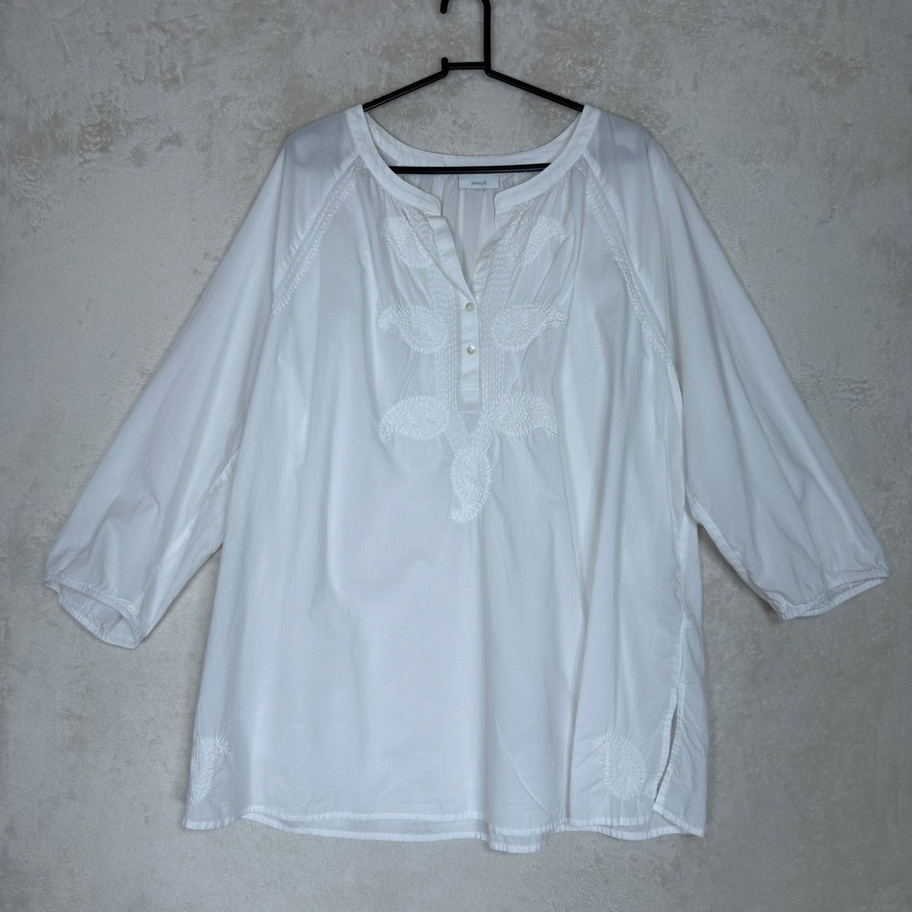 Pure Jill White Cotton Embroidered Tunic Top 3/4 Sleeve Split Neck Blouse Boho